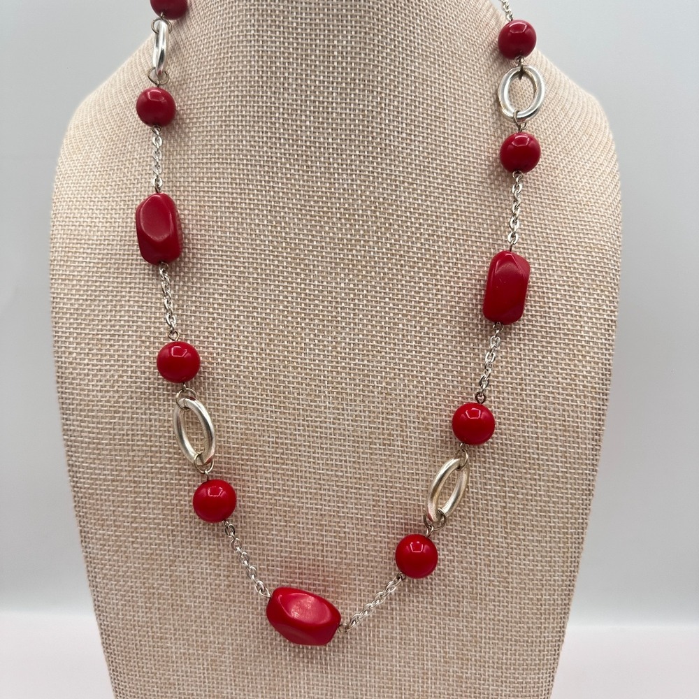 Vintage Y2K Silver Tone Red Beaded Station Chain Necklace Statement Jewelry 90s